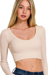 Zenana Seamless Fitted Rib V-neck Long Sleeve Crop Top SAND BEIGE OutfitFlow