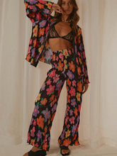 Printed Collared Neck Long Sleeve Top and Pants Lounge Set Black OutfitFlow