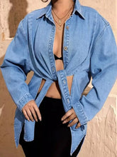 Slit Button Up Denim Shirt Blue OutfitFlow