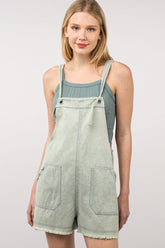 VERY J Washed Frayed Hem Denim Overall Sage OutfitFlow