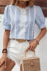 Lace Detail Striped Round Neck Half Sleeve Blouse Light Blue OutfitFlow