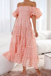 Off Shoulder Short Puff Sleeve Midi Dress Watermelon pink OutfitFlow