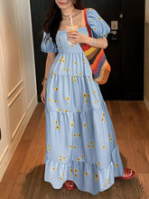 Daisy Print Puff Sleeve Tiered Maxi Dress Light Blue OutfitFlow