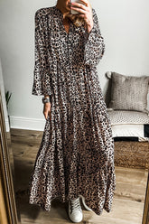 Leopard Notched Long Sleeve Maxi Dress Leopard OutfitFlow