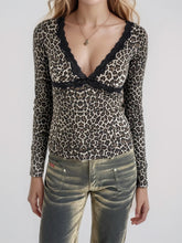 Devine Lace Detail Leopard V-Neck Long Sleeve T-Shirt Leopard OutfitFlow