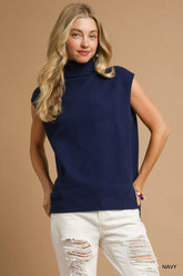 Umgee High-Low Turtleneck Sleeveless Sweater Top Navy OutfitFlow