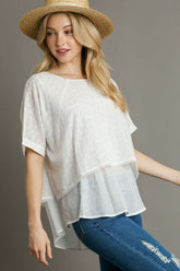 Umgee Full Size Eyelet Layered Short Sleeve Blouse Plus Size White OutfitFlow