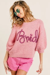 BiBi Metallic Letter Short Puff Sleeve Hairy Sweater PINK OutfitFlow