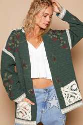 POL Embroidered Open Front Quilted Jacket with Crochet Pockets Dark Green OutfitFlow