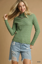 Umgee Textured Crinkle Knit Long Sleeve Top Sage OutfitFlow
