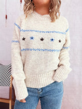 Ribbed Hem Flower Long Sleeve Sweater Apricot One Size OutfitFlow