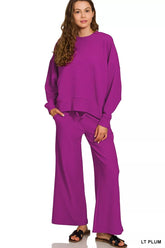 Zenana Ribbed Round Neck Pullover and Drawstring Pants Set LT PLUM OutfitFlow