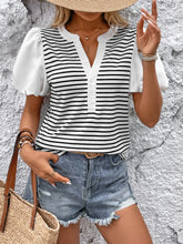 Striped Notched Short Sleeve T-Shirt Black White OutfitFlow