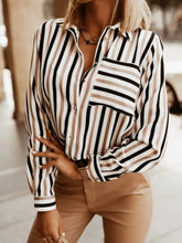 Striped Button-Down Long Sleeve Shirt Khaki Stripes OutfitFlow