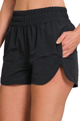 Zenana Windbreaker Smocked Waistband Running Shorts BLACK OutfitFlow