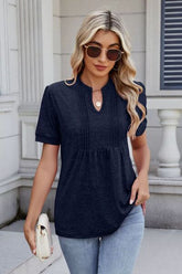 Notched Short Sleeve Top Dark Navy OutfitFlow