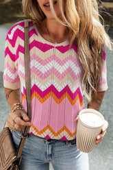 Stripe Chevron Openwork Round Neck Short Sleeve Knit Top Hot Pink OutfitFlow