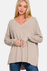 Zenana V-Neck Side Slit High-Low Sweater H Mocha OutfitFlow