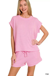 Zenana Raised Rib Cap Sleeve Top & Shorts Set PINK Trendsi