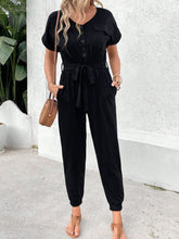 Perfee V-Neck Short Sleeve Jumpsuit Black OutfitFlow