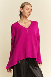 Davi & Dani Ribbed Side Slit V-Neck Sweater Cerise OutfitFlow