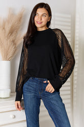 Double Take Round Neck Raglan Sleeve Blouse Black OutfitFlow