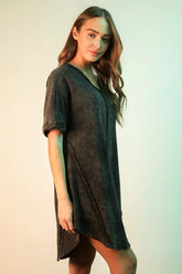 VERY J Mineral Washed Ribbed Knit Mini Dress Black OutfitFlow