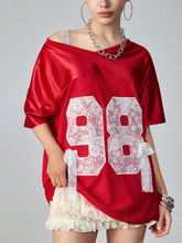 Oversized Number 98 Half Sleeve T-Shirt Deep Red OutfitFlow