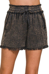 Zenana Mineral Frayed Hem Washed Shorts ASH BLACK OutfitFlow