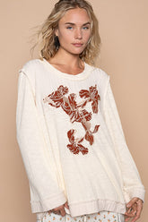 POL Embroidered Round Neck Long Sleeve Knit Top Cream OutfitFlow
