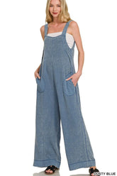 Zenana Double Gauze Washed Wide Leg Overalls DUSTY BLUE OutfitFlow