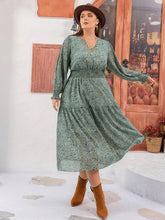 Plus Size Printed V-Neck Long Sleeve Midi Dress Sage OutfitFlow