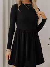 Frilled Neck Ribbed Knit Patchwork Long Sleeve Mini Dress Black OutfitFlow
