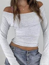 Off-Shoulder Long Sleeve T-Shirt Gray OutfitFlow