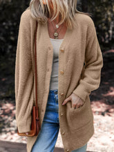 Fuzzy Buttoned Front Cardigan with Pockets Camel OutfitFlow