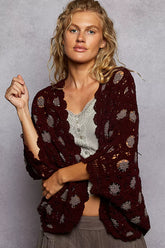 POL Openwork V-Neck Chenille Cardigan with Contrast Floral BURGUNDY GREY One Size OutfitFlow