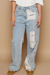 POL Contrast Patched Raw Hem Straight Jeans Light OutfitFlow