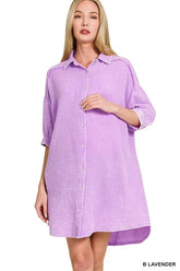 Zenana Washed Double Gauze Button Down Shirt Dress B LAVENDER OutfitFlow