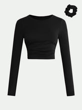 Round Neck Long Sleeve Cropped T-Shirt Black OutfitFlow