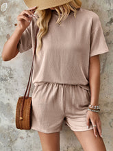 Lovelet Textured Round Neck Short Sleeve Top and Shorts Set Camel OutfitFlow