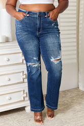 Judy Blue Full Size Mid Rise Hand Sand & Destroy Bootcut Jeans Dark OutfitFlow