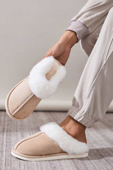 Faux Fur Round Toe Slippers Khaki OutfitFlow