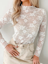 Sheer Floral Lace Mesh Mock Neck Long Sleeve Top White OutfitFlow