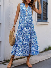 Perfee Decorative Button Printed Notched Sleeveless Midi Dress Blue OutfitFlow