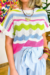 Color Block Crochet Ruffled Short Sleeve Knit Top Stripe OutfitFlow