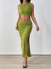Perfee Texture Cropped Tank and Ruched Skirt Set Lime OutfitFlow