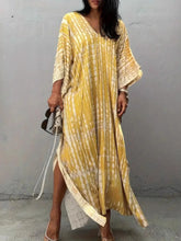 Tie-Dye V-Neck Maxi Dress with Flowy Sleeves Yellow One Size OutfitFlow