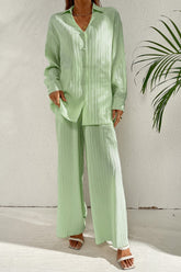 Johnny Collar Button Down Top and Pants Set Gum Leaf OutfitFlow