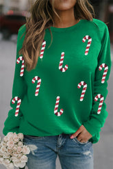 Candy Cane Round Neck Long Sleeve Sweatshirt Dark Green OutfitFlow