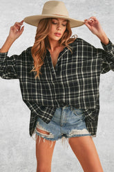 Aemi + Co Side Slit High-Low Plaid Long Sleeve Polo Shirt Black OutfitFlow